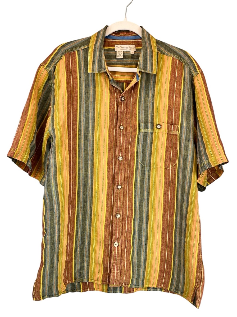 VTG Territory Ahead 100% Linen Short‎ Sleeve Button Shirt Southwestern Colors L
